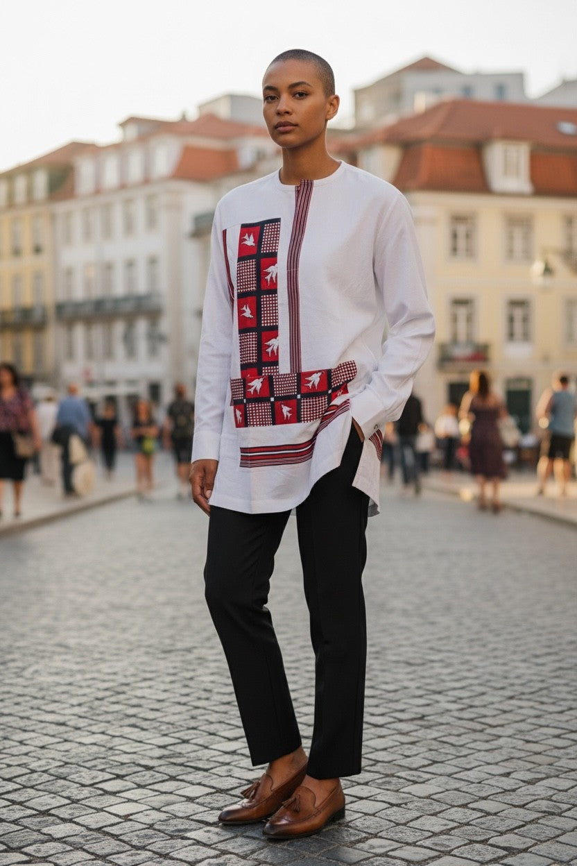 Multigender African Tunic — Minimalist White, Bold Heritage Detail