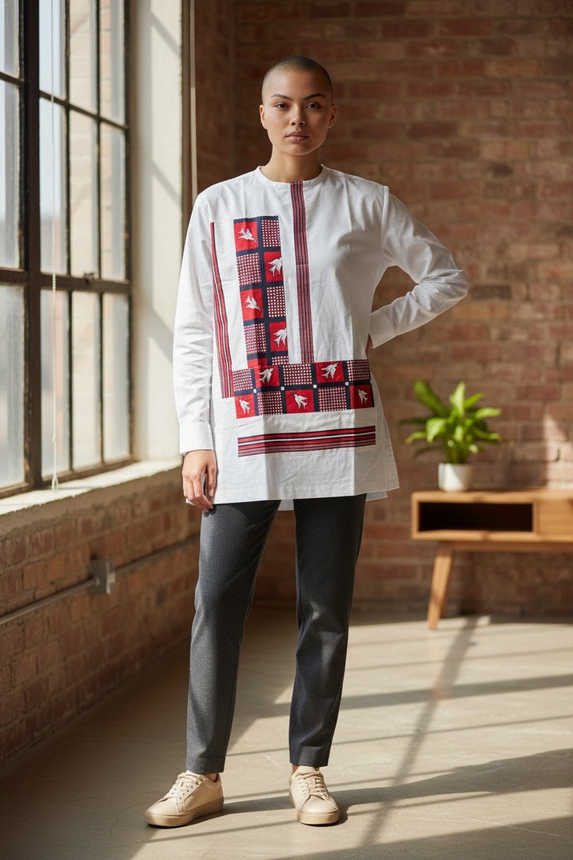 Multigender African Tunic — Minimalist White, Bold Heritage Detail