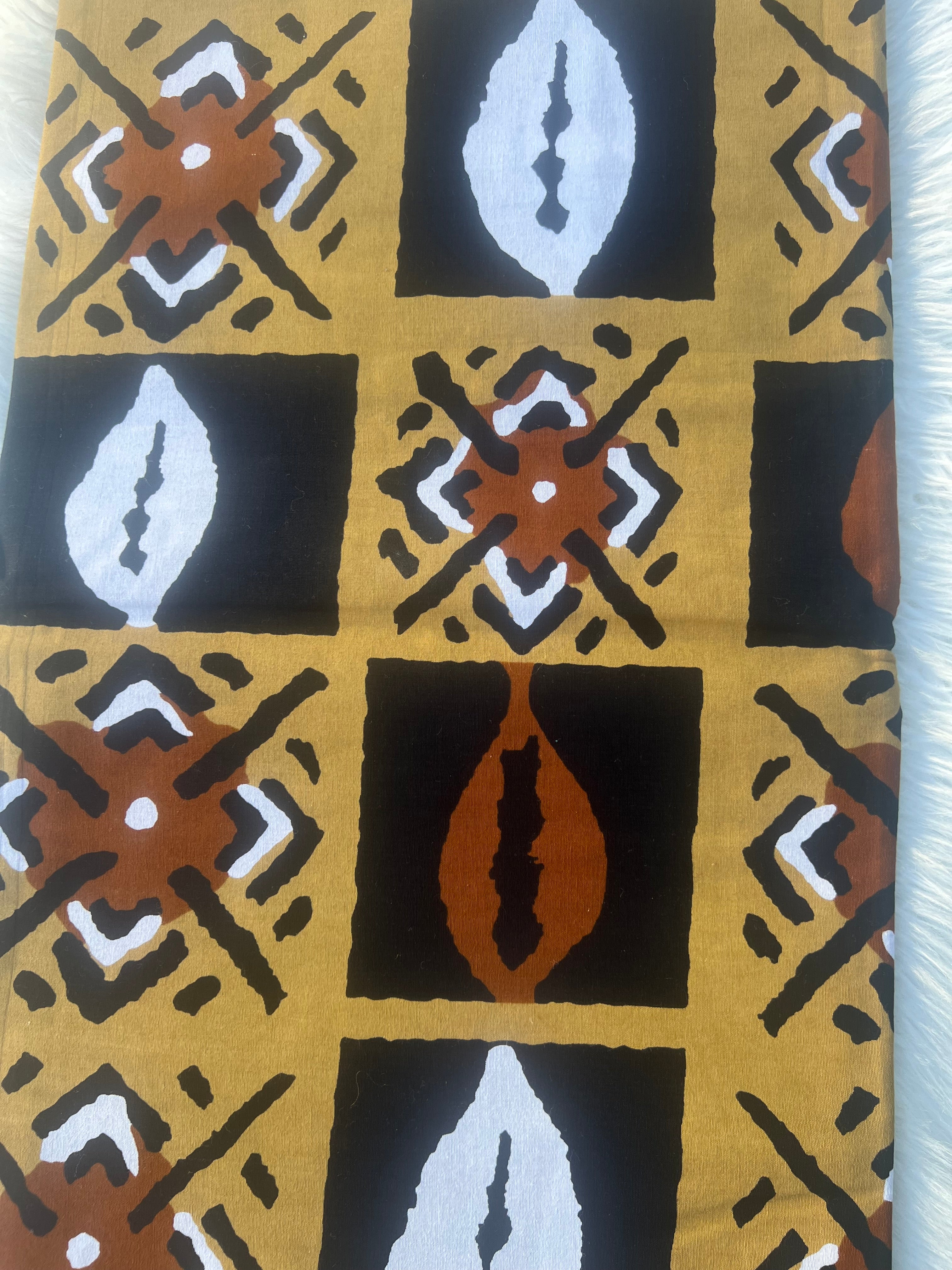 African Print Fabric, Caramel Brown Ankara Fabric, Mudcloth Tribal Design, Yards Authentic African Fabric, Face Mask Fabric, Sewing Material