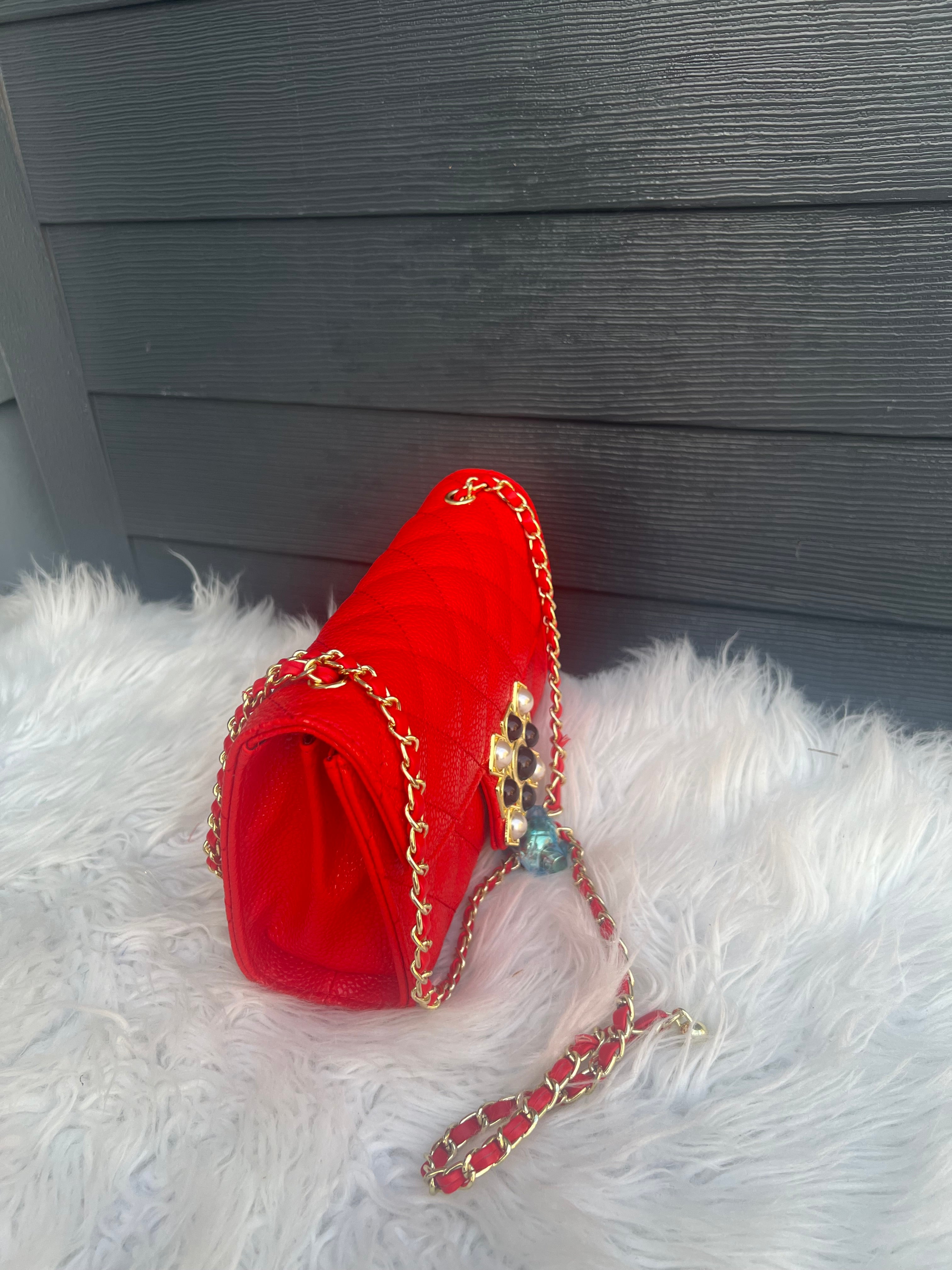 red quilted flap shoulder crossbody bag