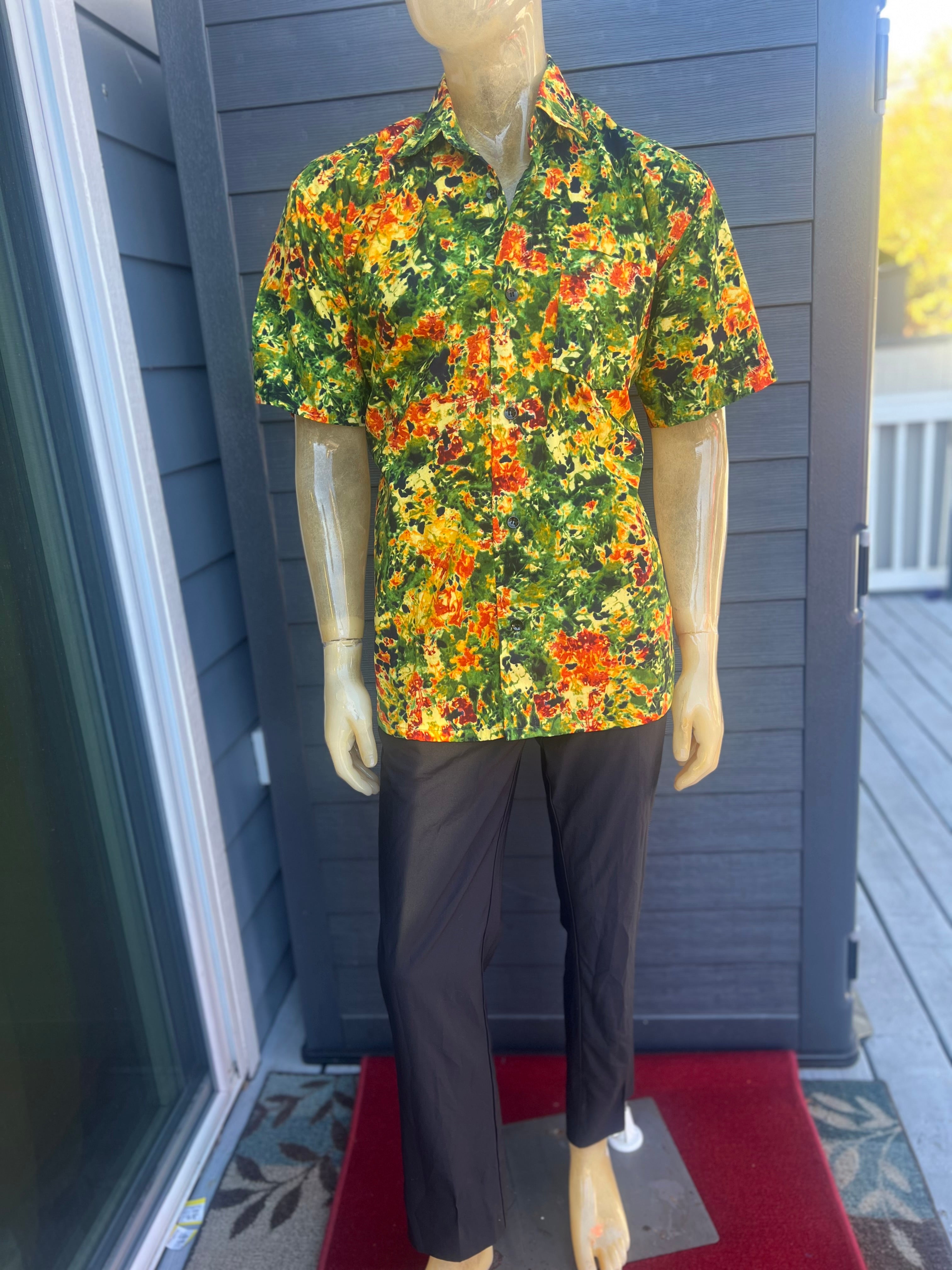 African Men's Thanksgiving Turkey Pumpkin Print Short Sleeve Button Up Cuban Collar T-Shirt Tee