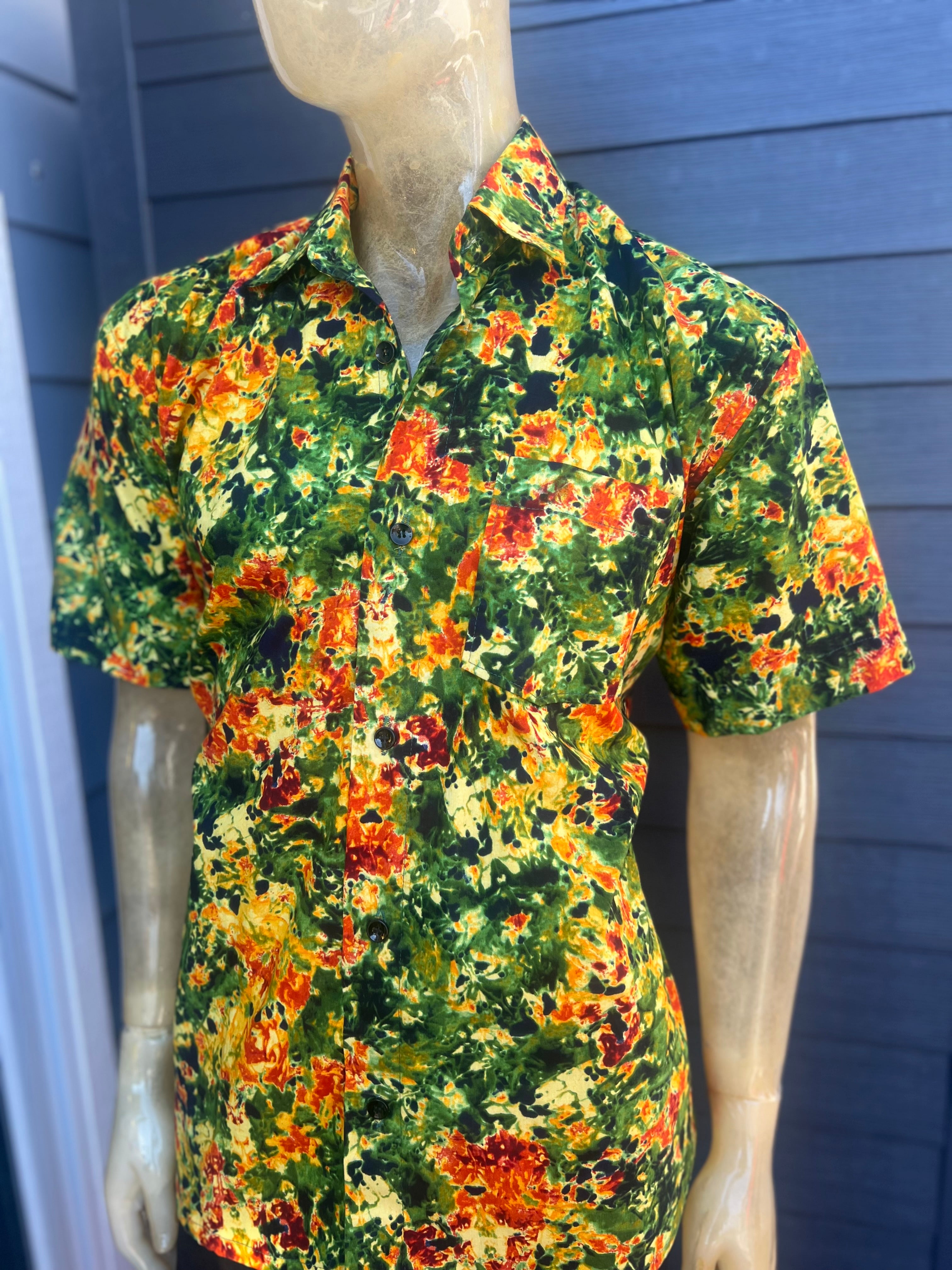 African Men's Thanksgiving Turkey Pumpkin Print Short Sleeve Button Up Cuban Collar T-Shirt Tee