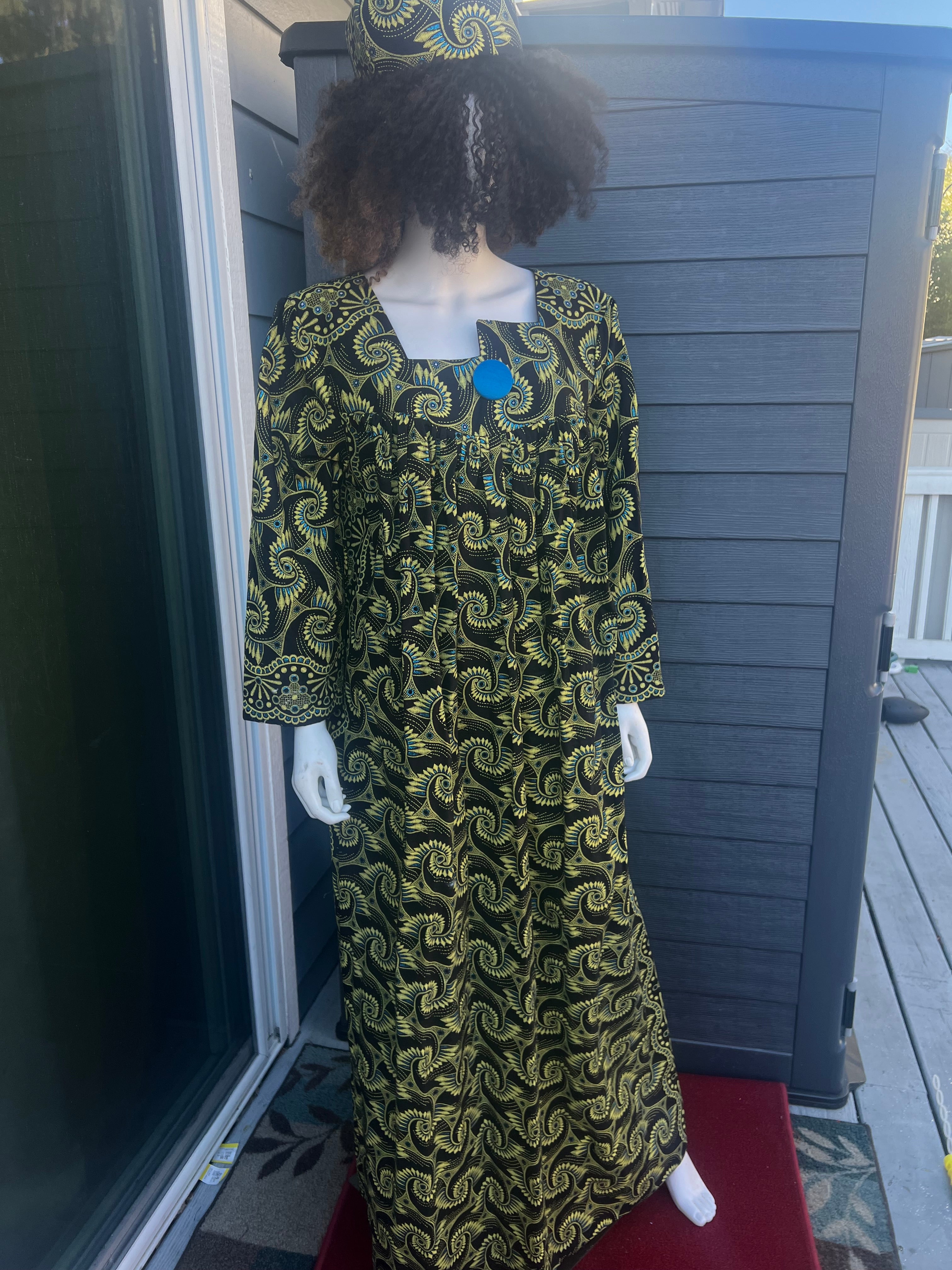 African Dress For women print Long sleeves Ankara Dress , Cameroonian kaba with a hat