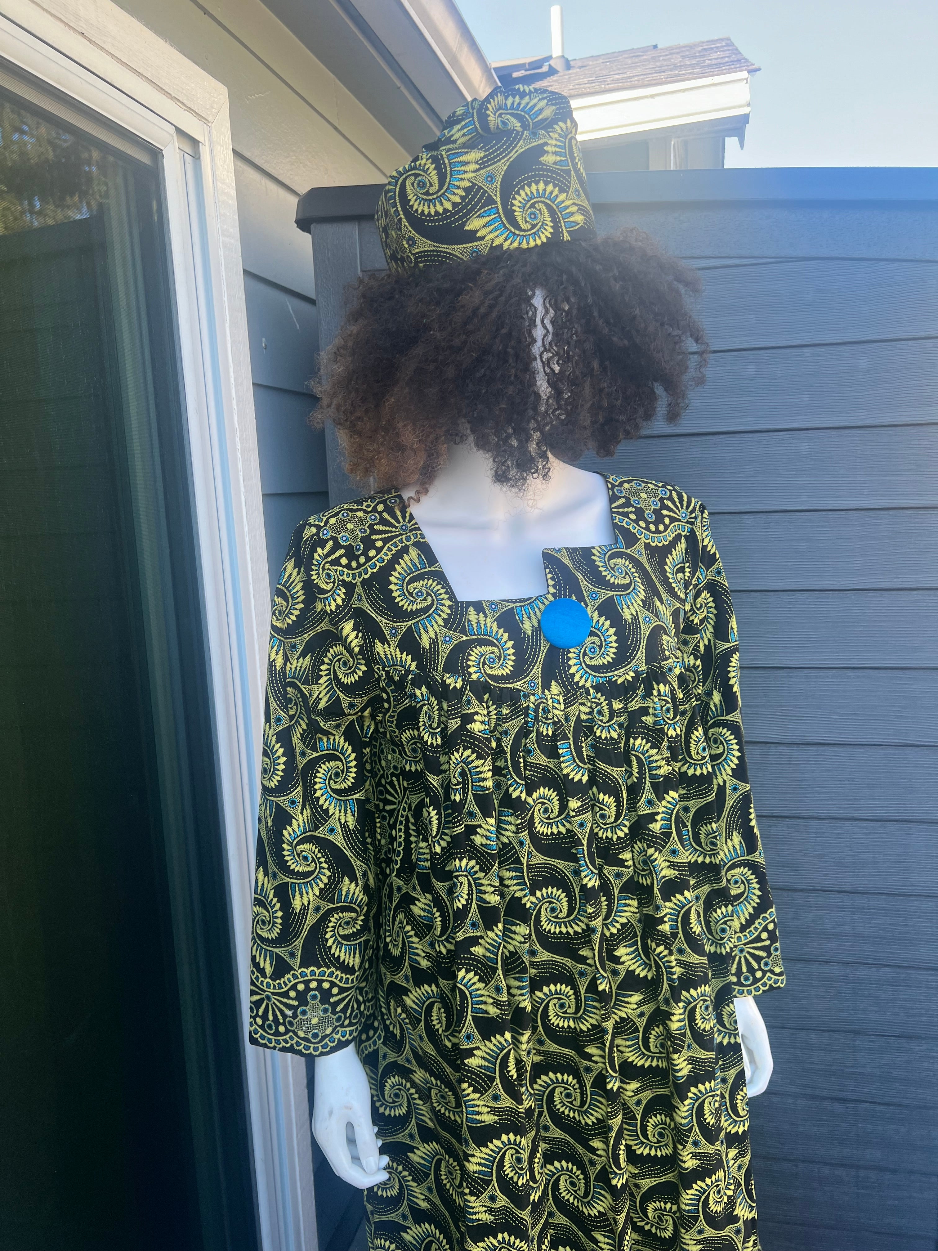 African Dress For women print Long sleeves Ankara Dress , Cameroonian kaba with a hat