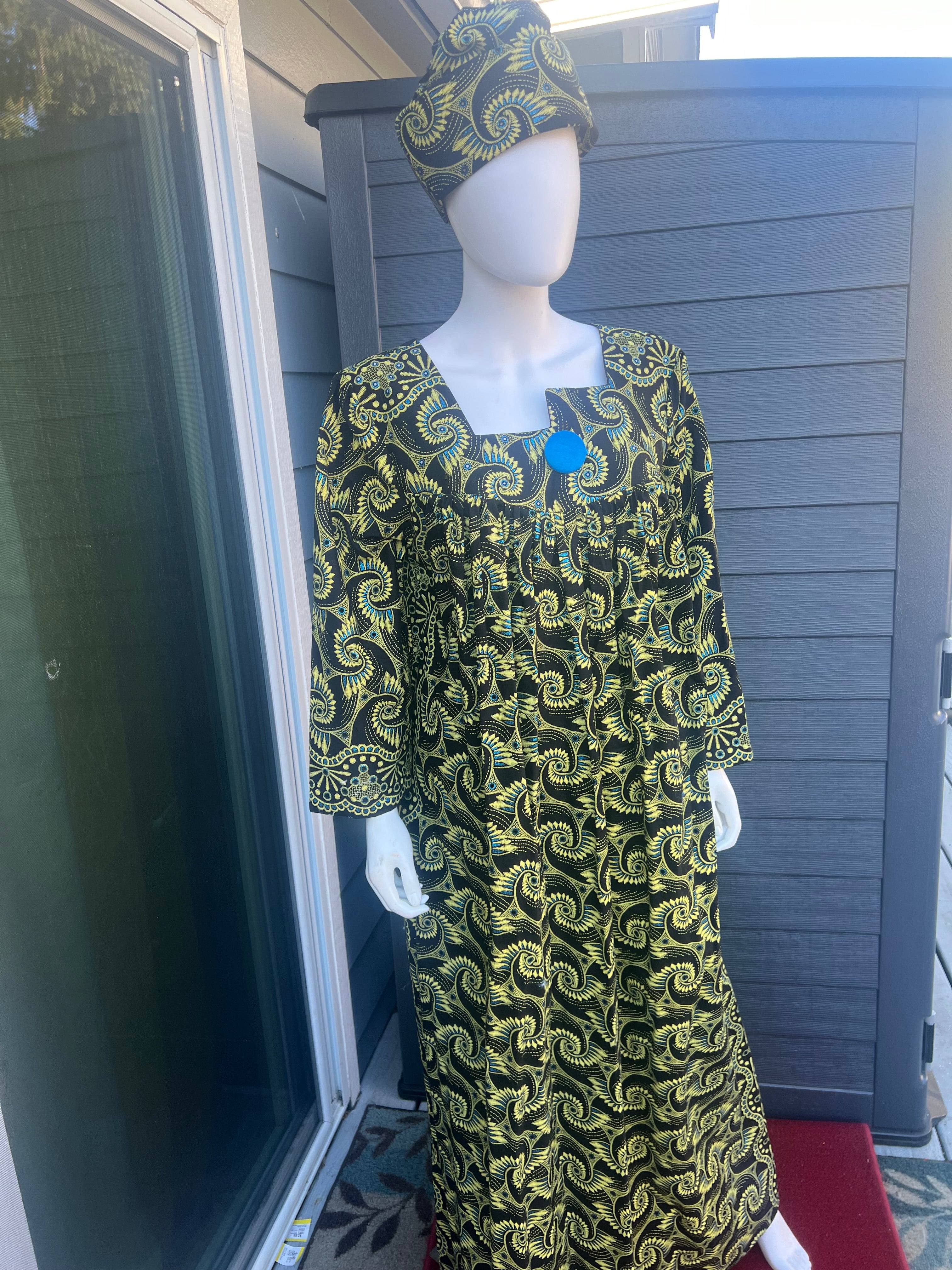 African Dress For women print Long sleeves Ankara Dress , Cameroonian kaba with a hat