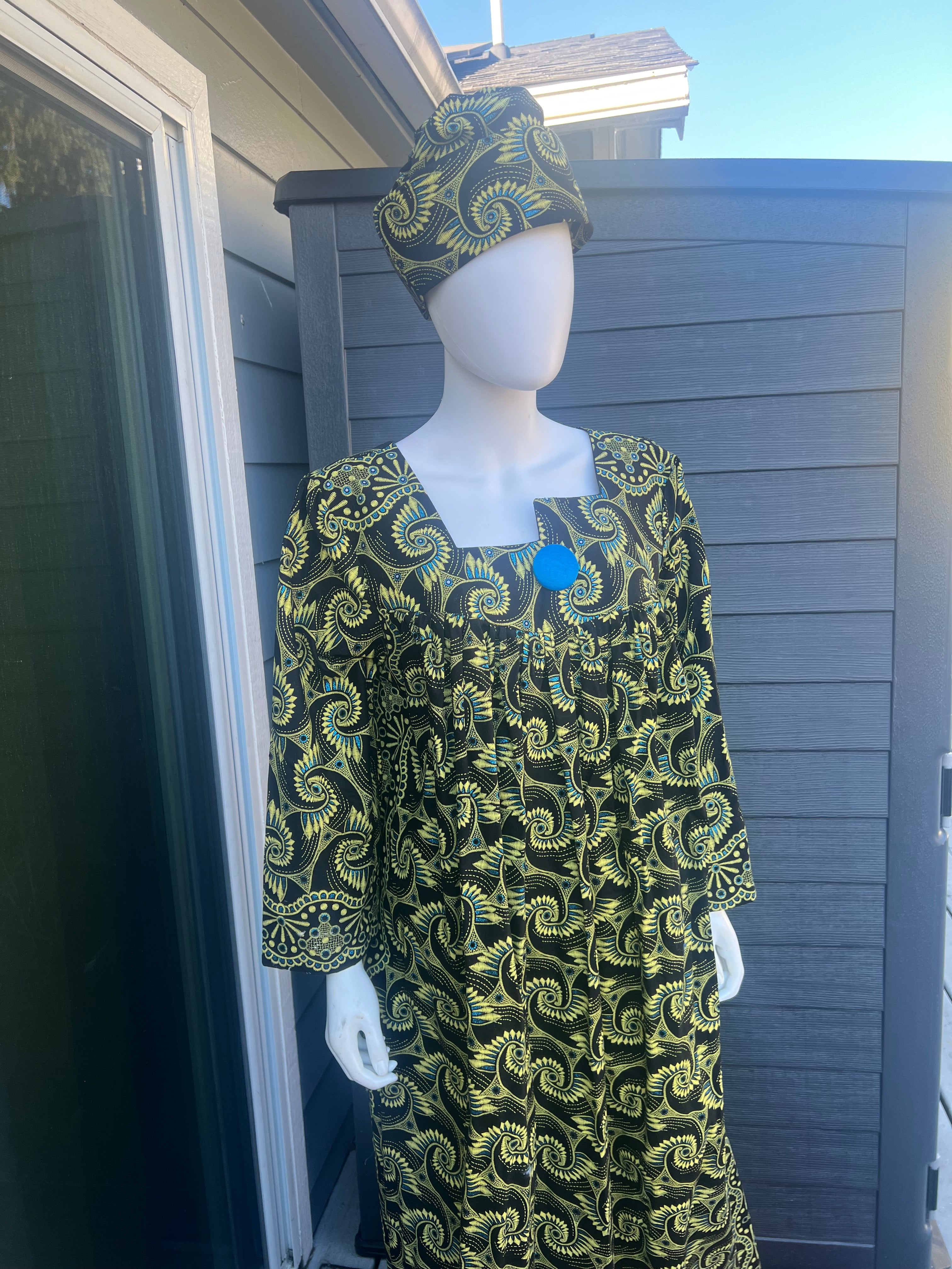 African Dress For women print Long sleeves Ankara Dress , Cameroonian kaba with a hat