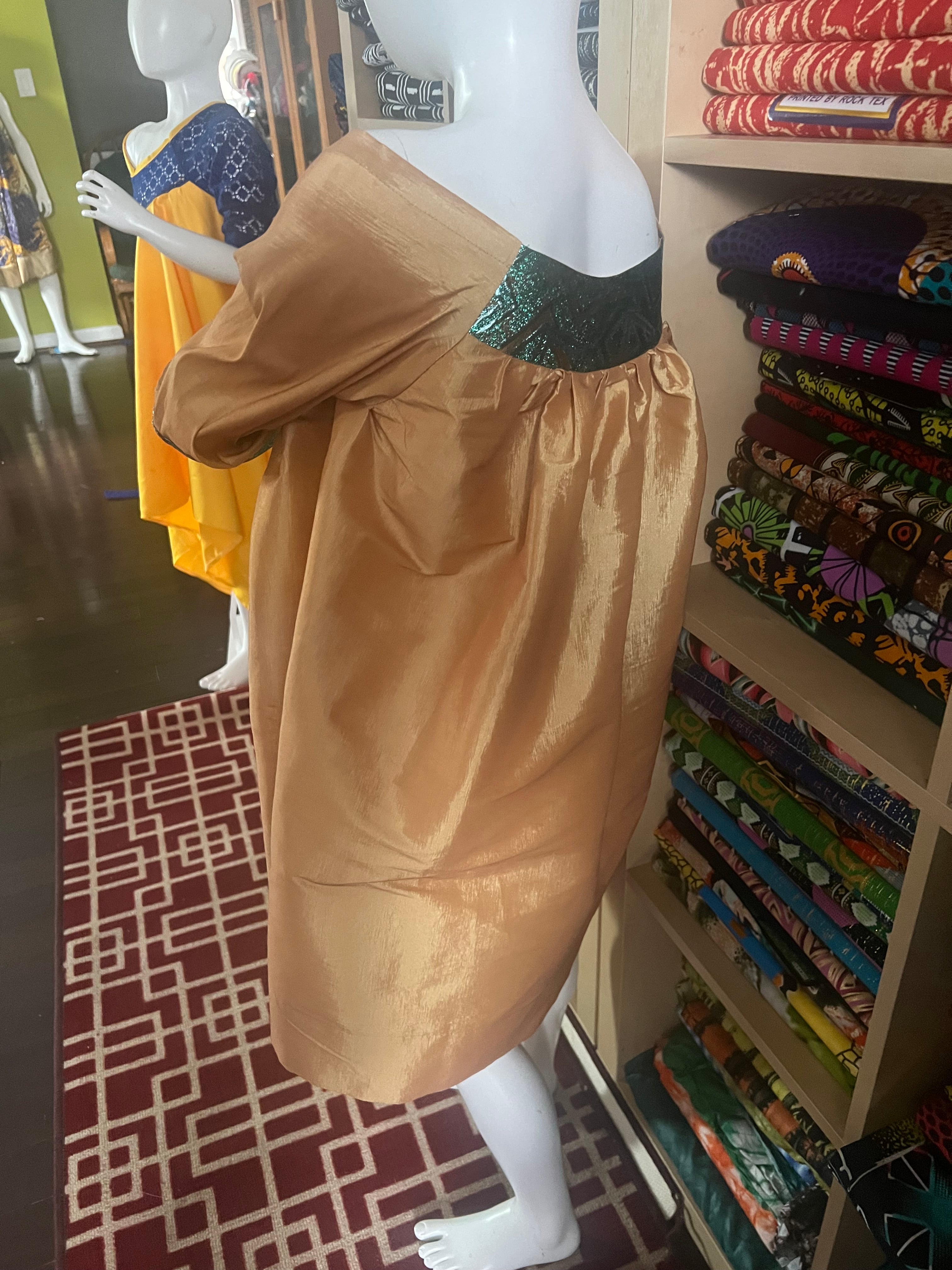 Kaba Gondo for kids African clothes sewing with a taffeta and green jacquard fabrics with a comfortable long sleeve for any walk