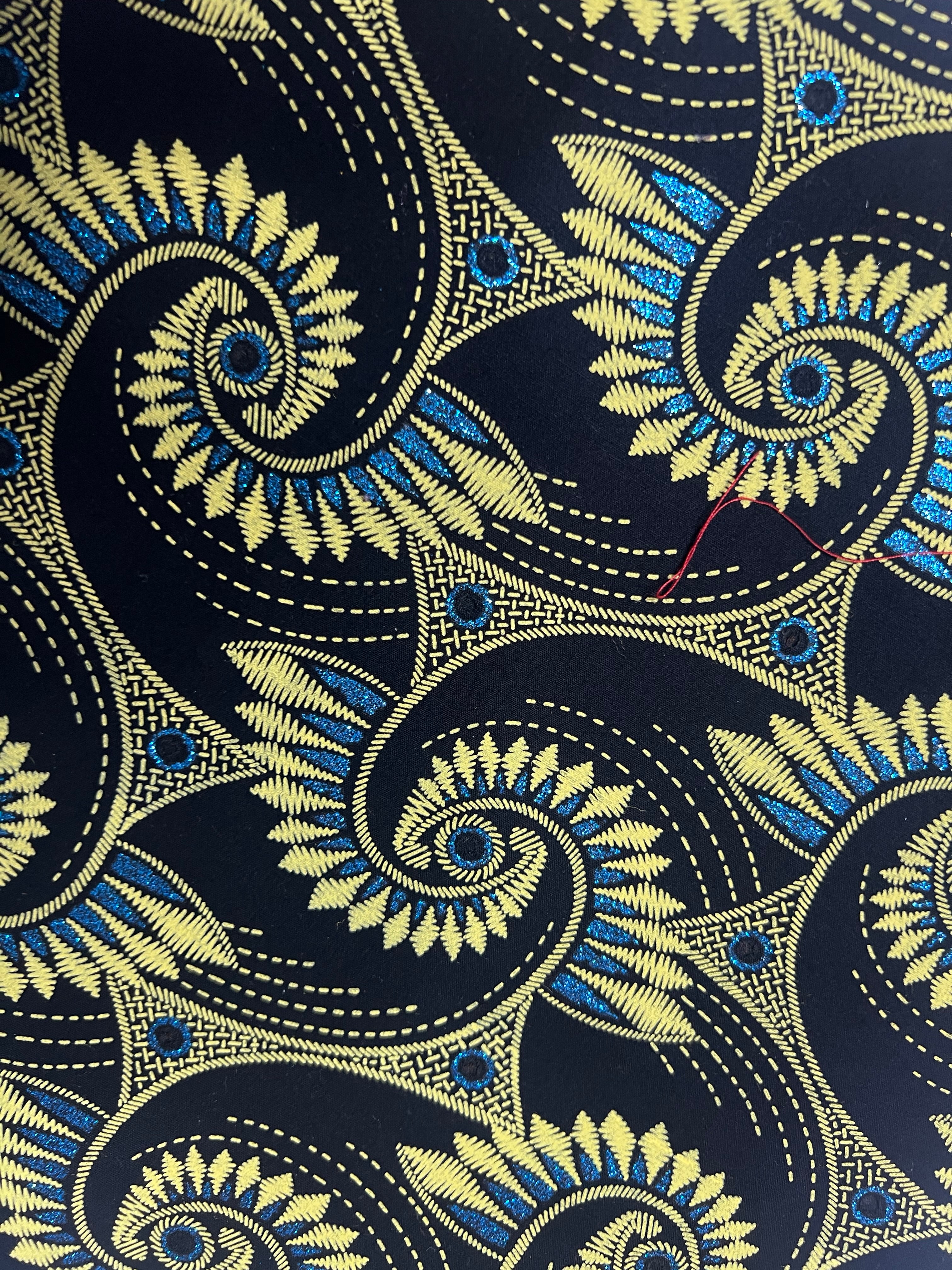 100% Cotton African Ankara gold Print Fabric with blue holes, damask print fabric for clothes **ITEM SOLD by YARD**