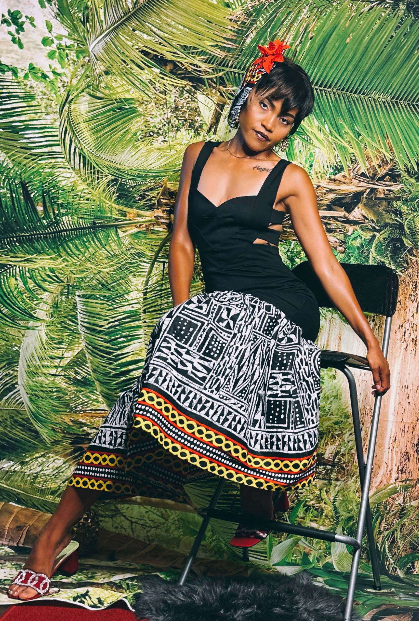 Black & White Geometric Sleeveless Stretch Long african dress