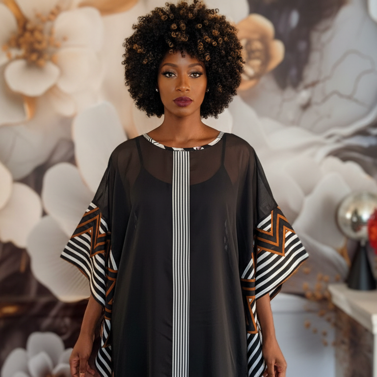 Elegant Black Sheer Overlay Kaftan Dress with Geometric Accents