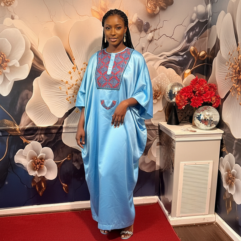 Serene Sky Blue Embroidered Kaftan Maxi Dress