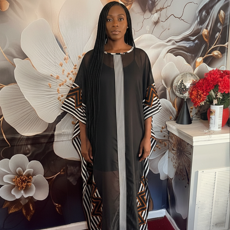 Elegant Black Sheer Overlay Kaftan Dress with Geometric Accents