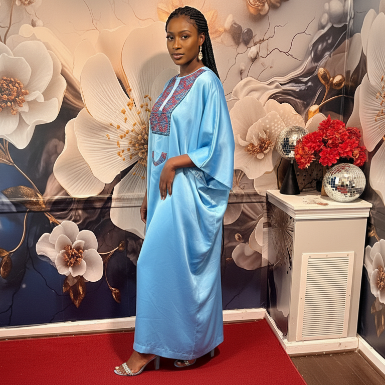 Serene Sky Blue Embroidered Kaftan Maxi Dress