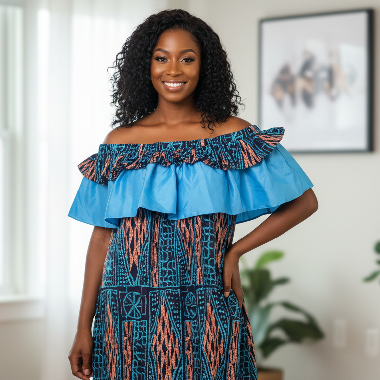 Ocean Breeze Off-Shoulder Ankara Maxi Dress with Layered Ruffle Bodice (can fit L - XL)