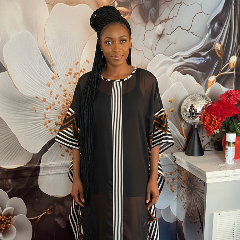 Elegant Black Sheer Overlay Kaftan Dress with Geometric Accents