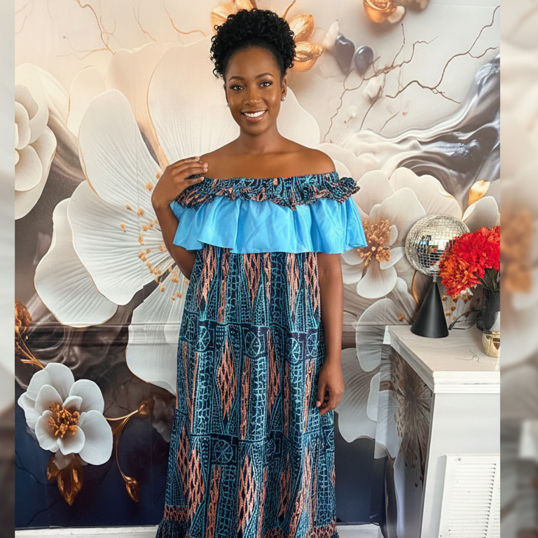 Ocean Breeze Off-Shoulder Ankara Maxi Dress with Layered Ruffle Bodice (can fit L - XL)