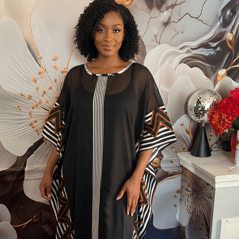 Elegant Black Sheer Overlay Kaftan Dress with Geometric Accents