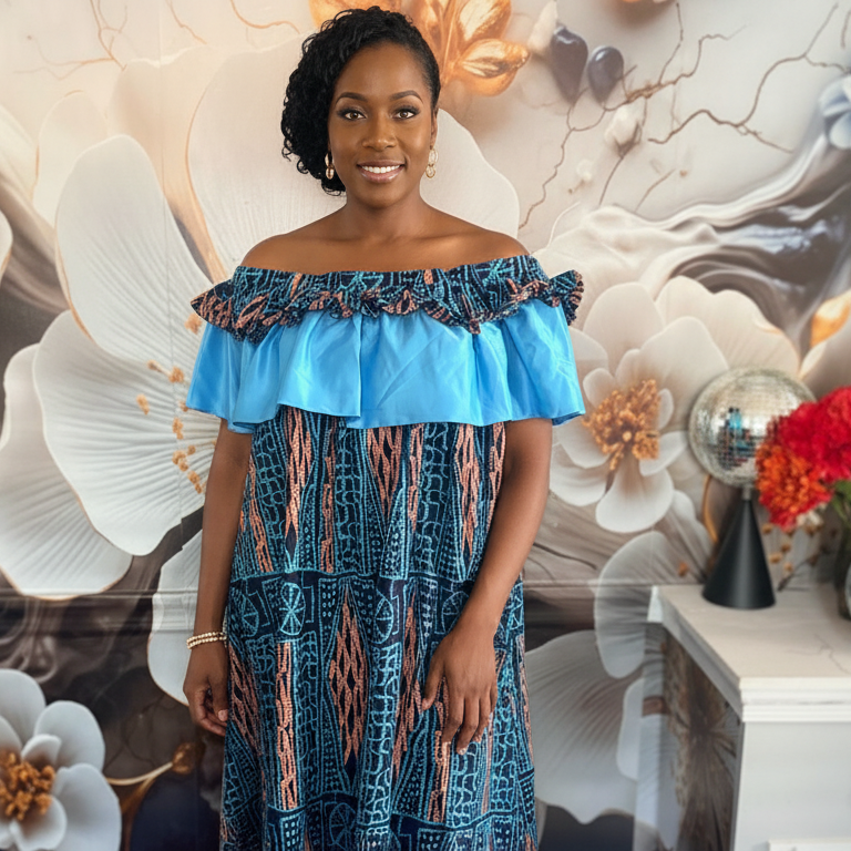 Ocean Breeze Off-Shoulder Ankara Maxi Dress with Layered Ruffle Bodice (can fit L - XL)