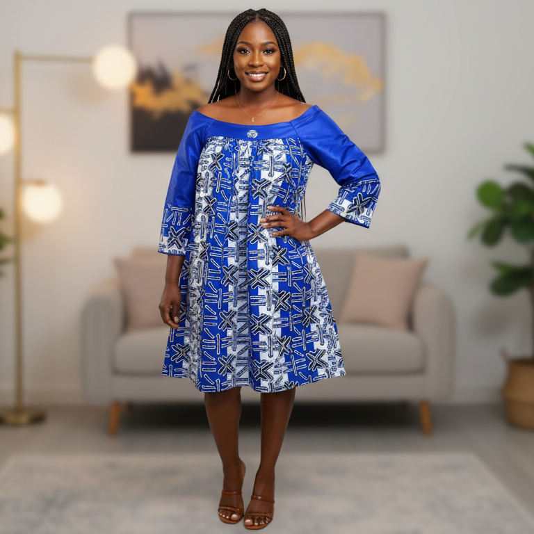 Kaba Royal Blue Off-Shoulder African Print Flare Dress