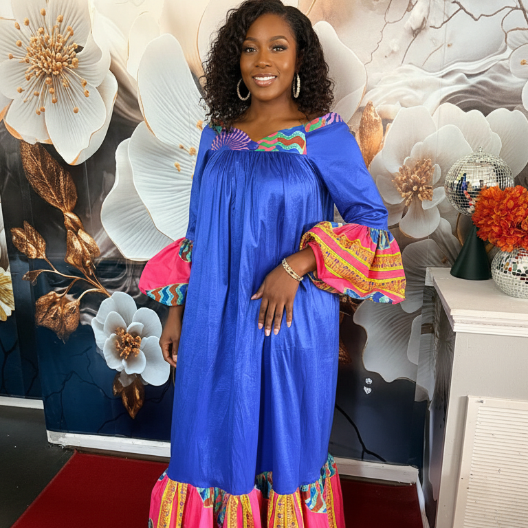Vibrant Royal Blue Bohemian Maxi Dress with Ankara Accents