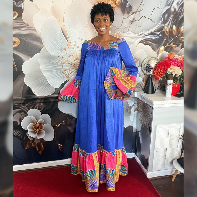 Vibrant Royal Blue Bohemian Maxi Dress with Ankara Accents