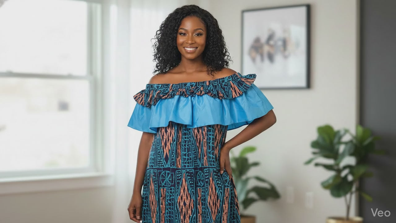 Ocean Breeze Off-Shoulder Ankara Maxi Dress with Layered Ruffle Bodice (can fit L - XL)
