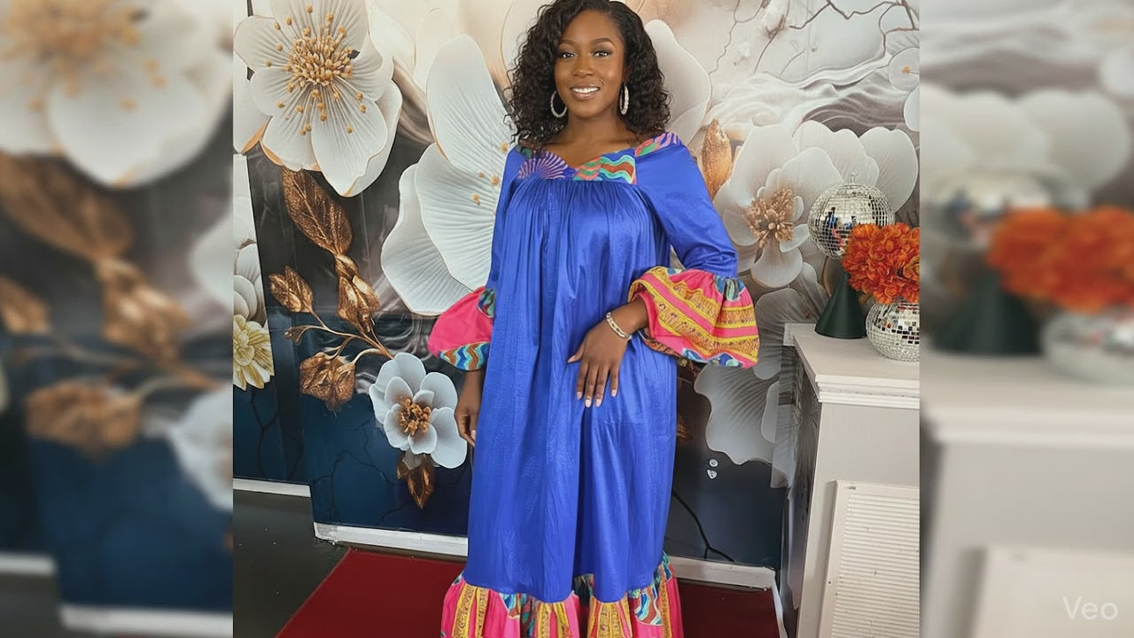 Vibrant Royal Blue Bohemian Maxi Dress with Ankara Accents