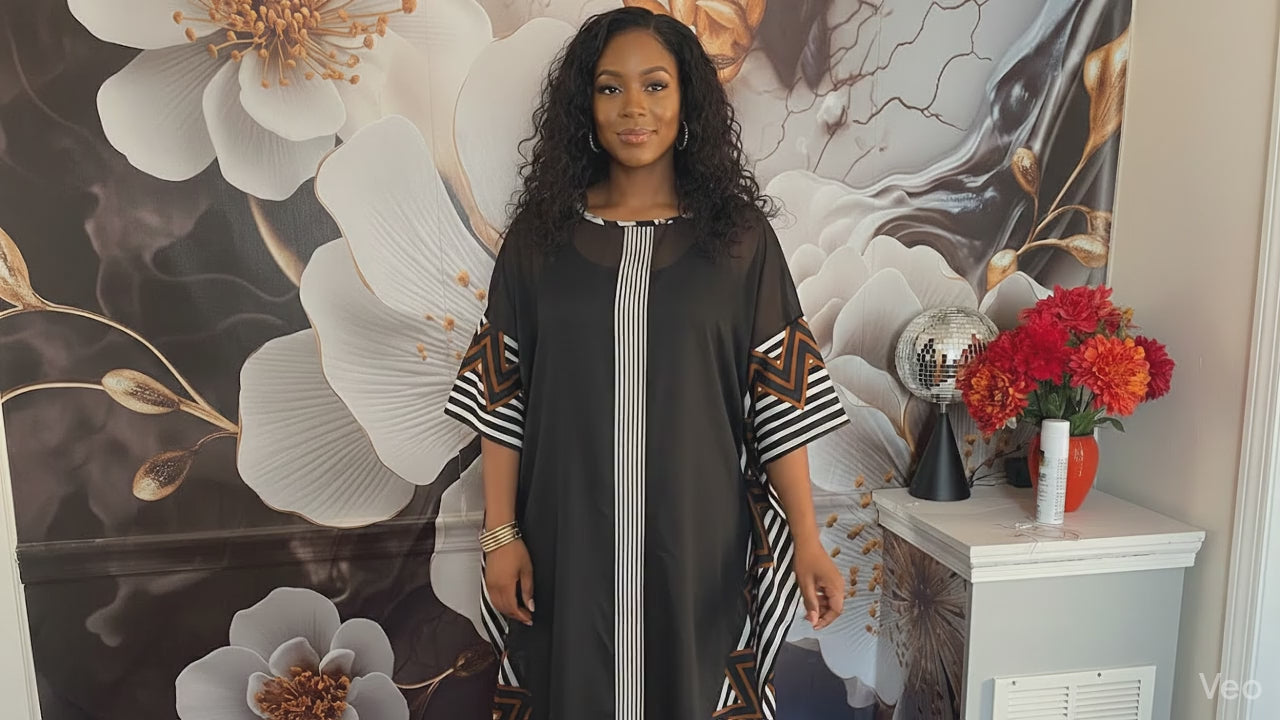 Elegant Black Sheer Overlay Kaftan Dress with Geometric Accents